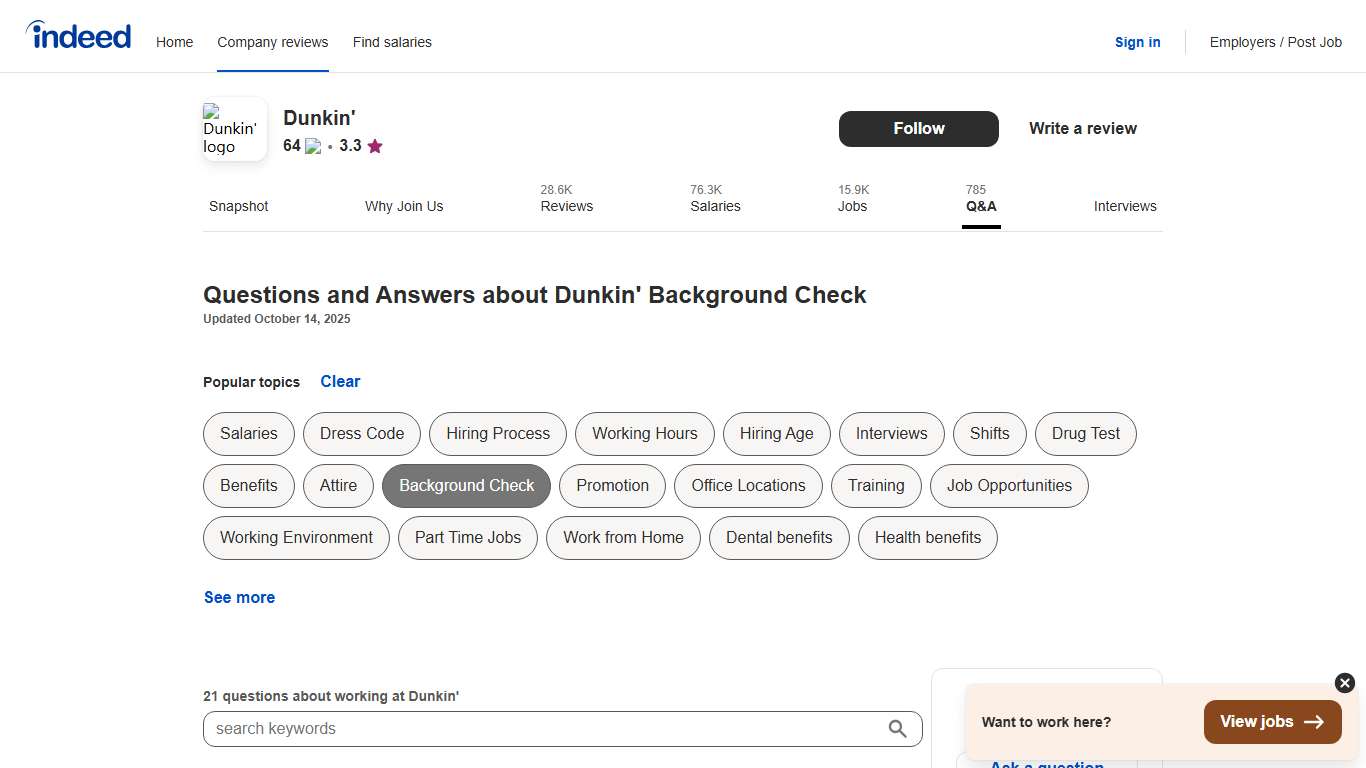 Questions and Answers about Dunkin' Background Check Indeed.com