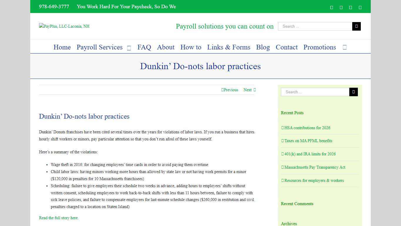 Dunkin' Do-nots labor practices - PayPlus, LLC-Laconia, NH