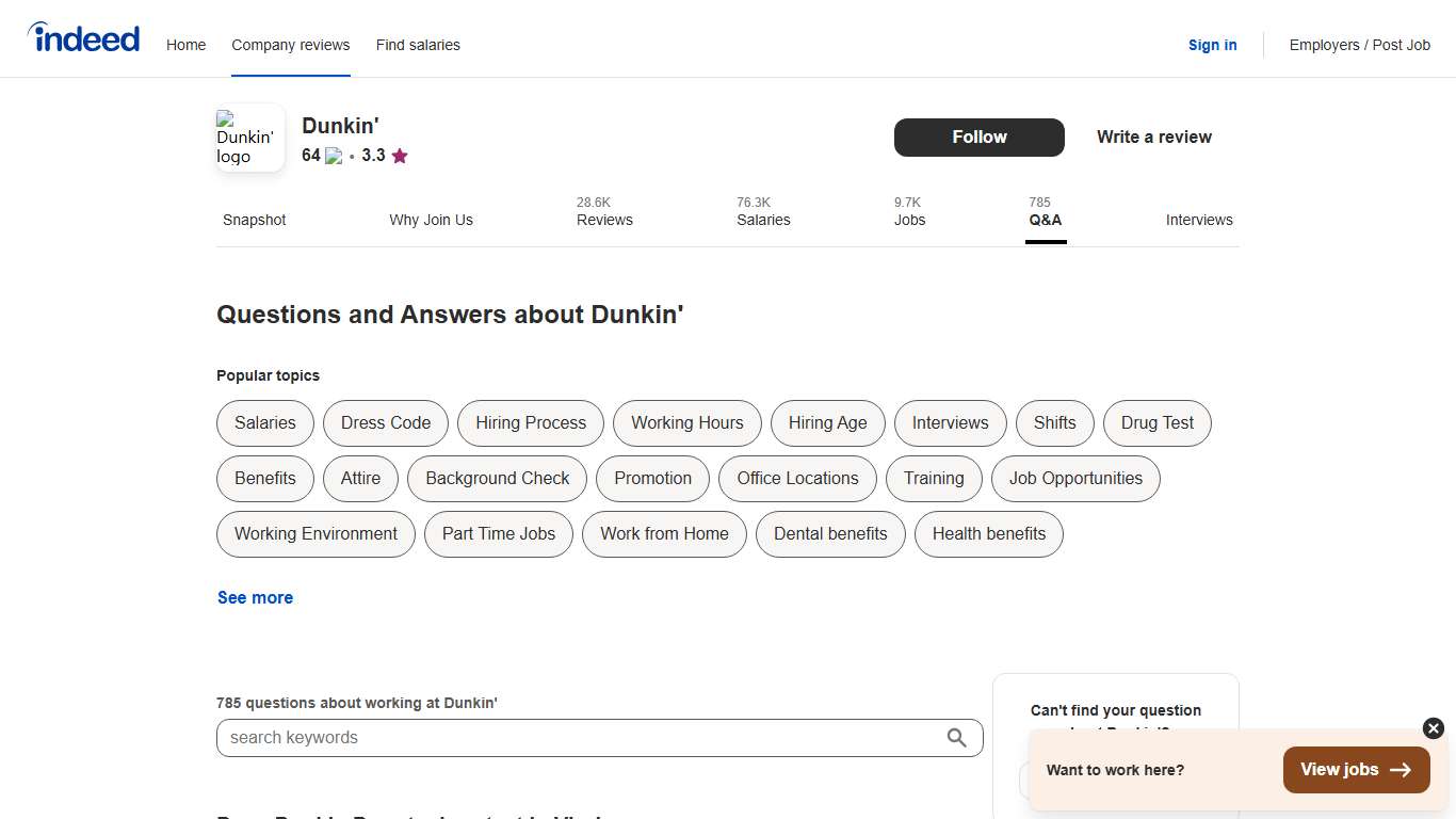 Questions and Answers about Working at Dunkin' Indeed.com