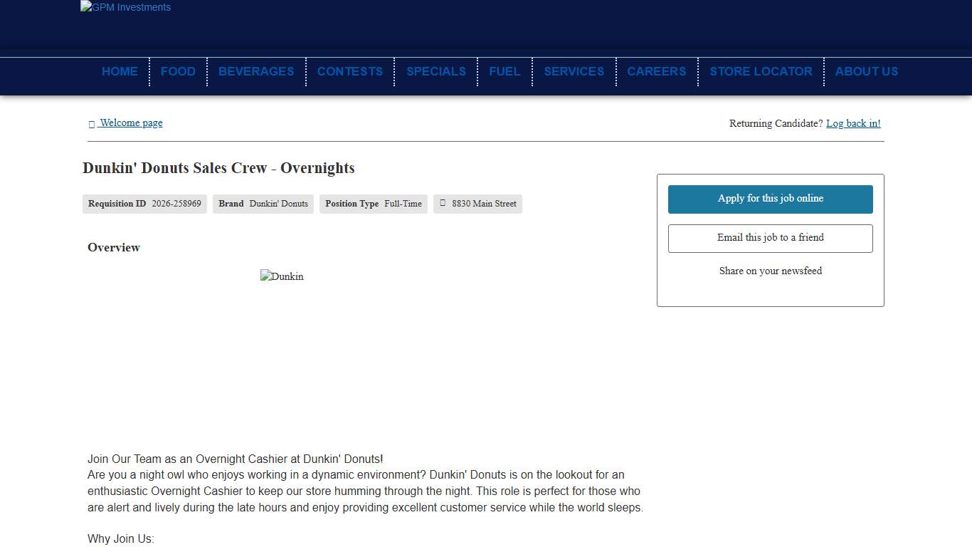 Dunkin' Donuts Sales Crew - Overnights in Birch Run, Michigan Careers at 8830 Main Street
